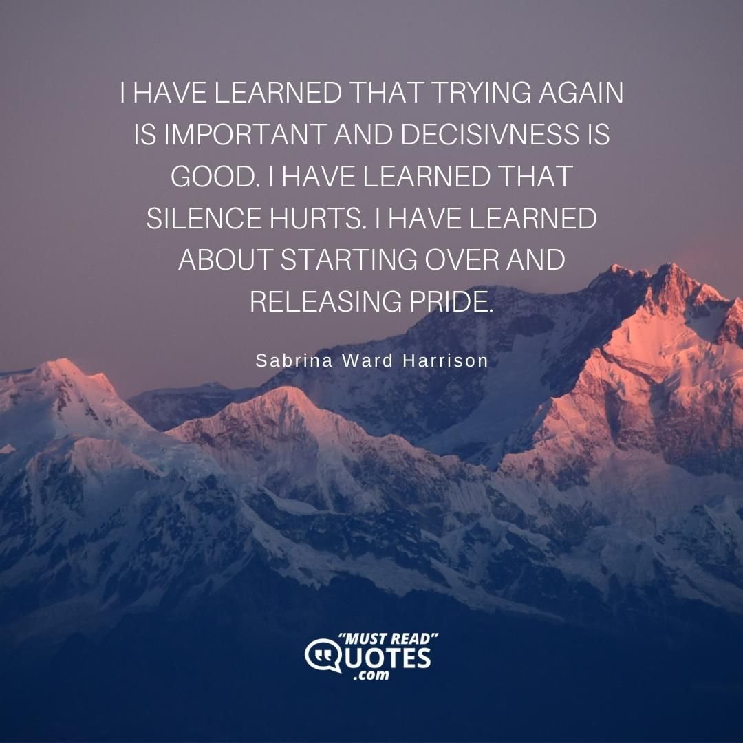 I have learned that trying again is important and decisivness is good. I have learned that silence hurts. I have learned about starting over and releasing pride.