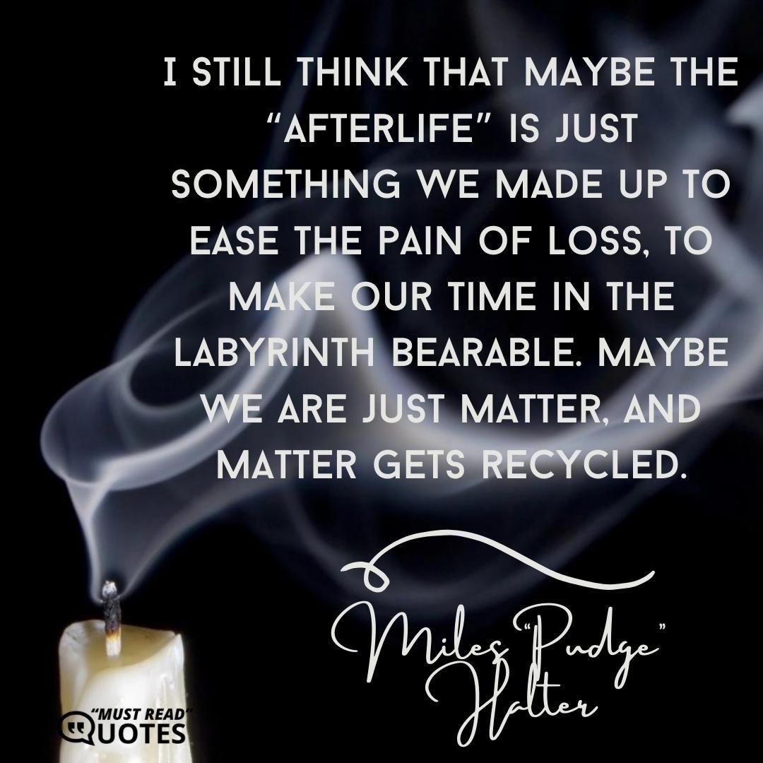 I still think that maybe the “afterlife” is just something we made up to ease the pain of loss, to make our time in the labyrinth bearable. Maybe we are just matter, and matter gets recycled.