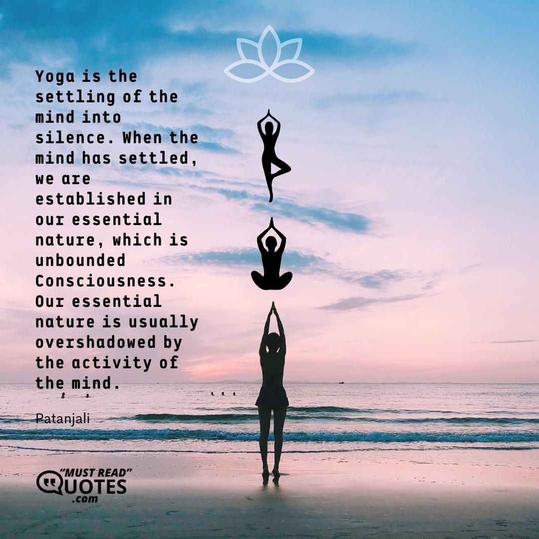 Yoga is the settling of the mind into silence. When the mind has settled, we are established in our essential nature, which is unbounded Consciousness. Our essential nature is usually overshadowed by the activity of the mind.