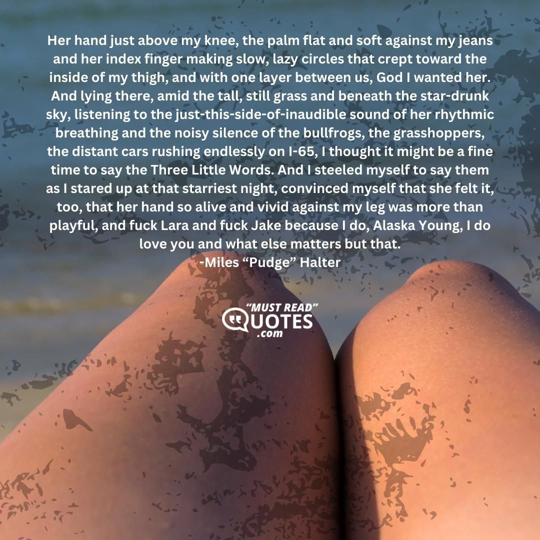 Her hand just above my knee, the palm flat and soft against my jeans and her index finger making slow, lazy circles that crept toward the inside of my thigh, and with one layer between us, God I wanted her. And lying there, amid the tall, still grass and beneath the star-drunk sky, listening to the just-this-side-of-inaudible sound of her rhythmic breathing and the noisy silence of the bullfrogs, the grasshoppers, the distant cars rushing endlessly on I-65, I thought it might be a fine time to say the Three Little Words. And I steeled myself to say them as I stared up at that starriest night, convinced myself that she felt it, too, that her hand so alive and vivid against my leg was more than playful, and fuck Lara and fuck Jake because I do, Alaska Young, I do love you and what else matters but that.