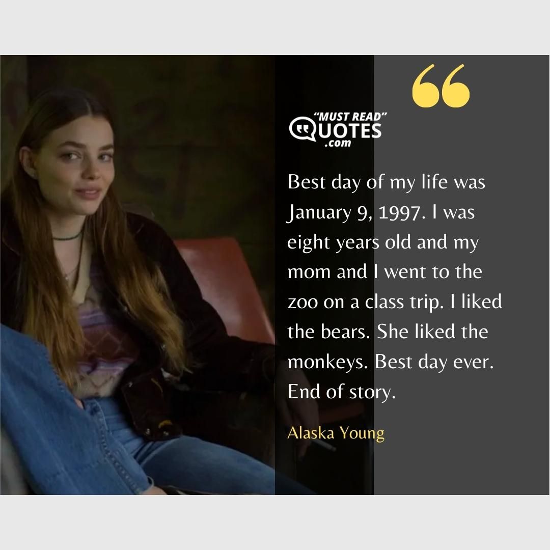 Best day of my life was January 9, 1997. I was eight years old and my mom and I went to the zoo on a class trip. I liked the bears. She liked the monkeys. Best day ever. End of story.