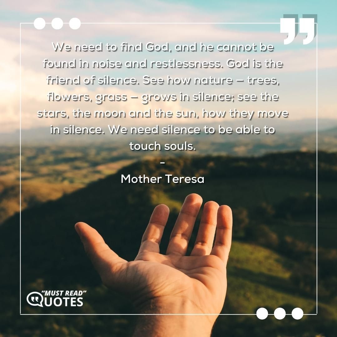We need to find God, and he cannot be found in noise and restlessness. God is the friend of silence. See how nature—trees, flowers, grass—grows in silence; see the stars, the moon and the sun, how they move in silence. We need silence to be able to touch souls.