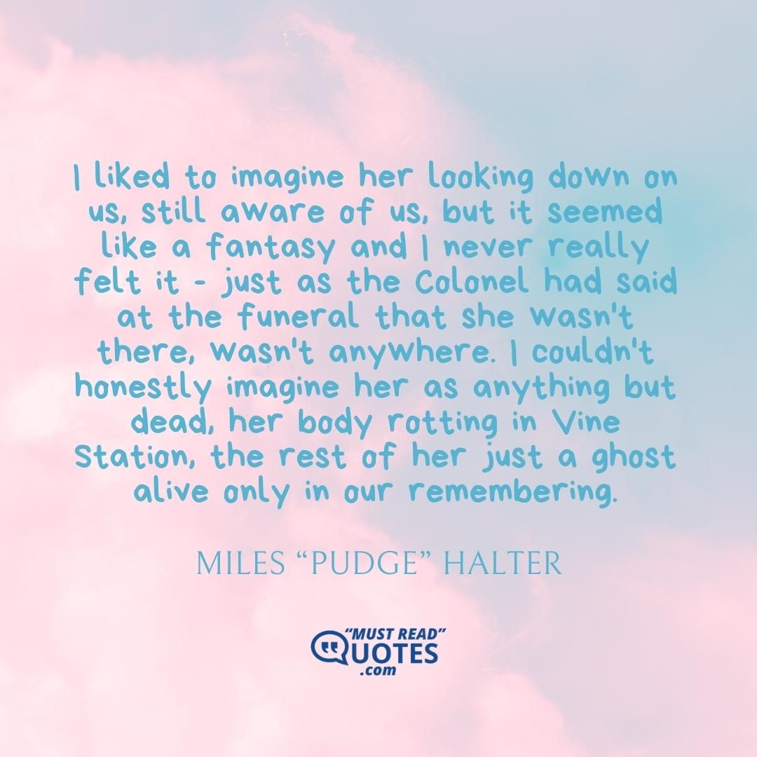 I liked to imagine her looking down on us, still aware of us, but it seemed like a fantasy and I never really felt it - just as the Colonel had said at the funeral that she wasn't there, wasn't anywhere. I couldn't honestly imagine her as anything but dead, her body rotting in Vine Station, the rest of her just a ghost alive only in our remembering.