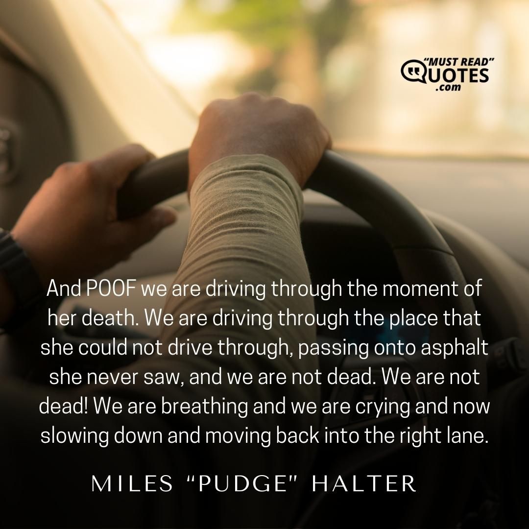 And POOF we are driving through the moment of her death. We are driving through the place that she could not drive through, passing onto asphalt she never saw, and we are not dead. We are not dead! We are breathing and we are crying and now slowing down and moving back into the right lane.