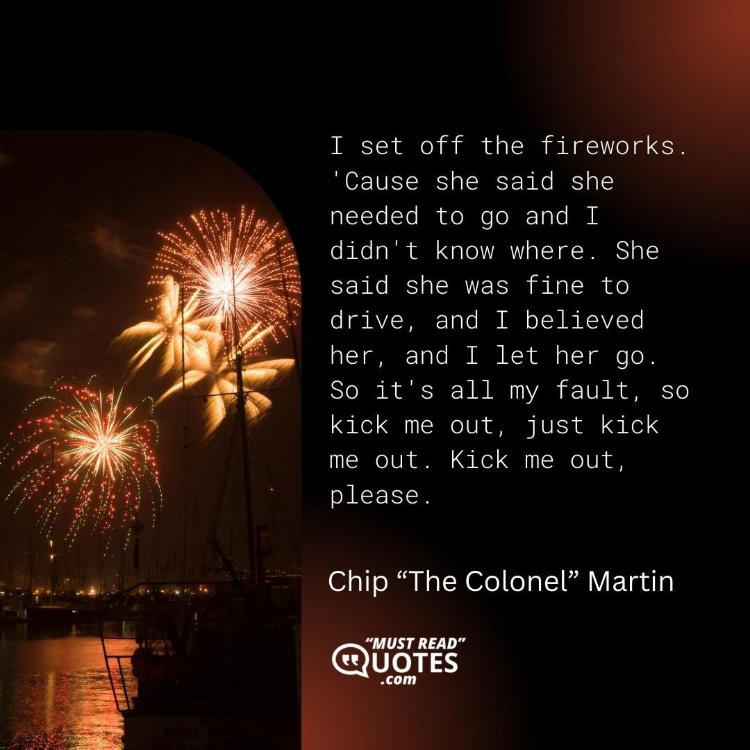 I set off the fireworks. 'Cause she said she needed to go and I didn't know where. She said she was fine to drive, and I believed her, and I let her go. So it's all my fault, so kick me out, just kick me out. Kick me out, please.