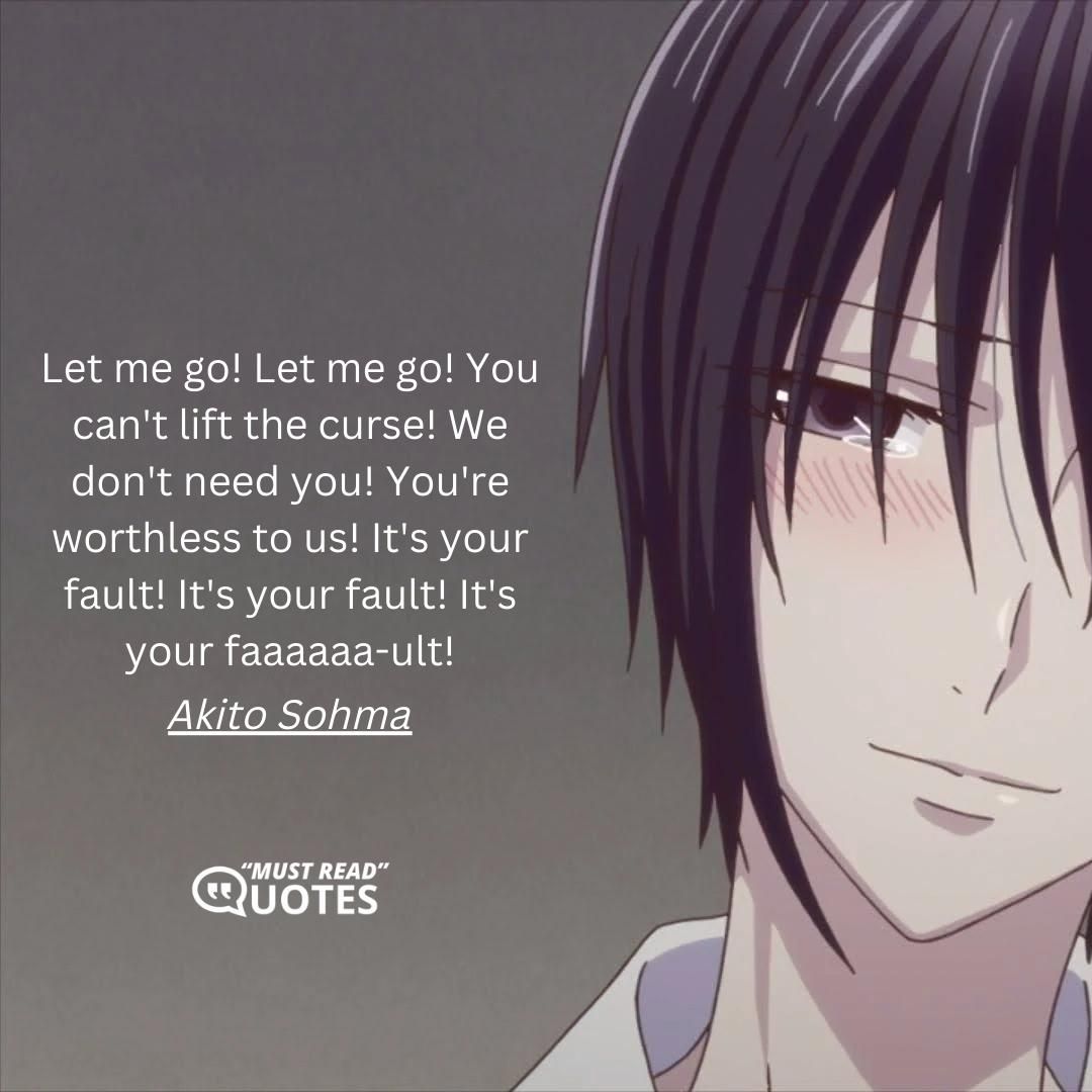 Let me go! Let me go! You can't lift the curse! We don't need you! You're worthless to us! It's your fault! It's your fault! It's your faaaaaa-ult!Akito Sohm