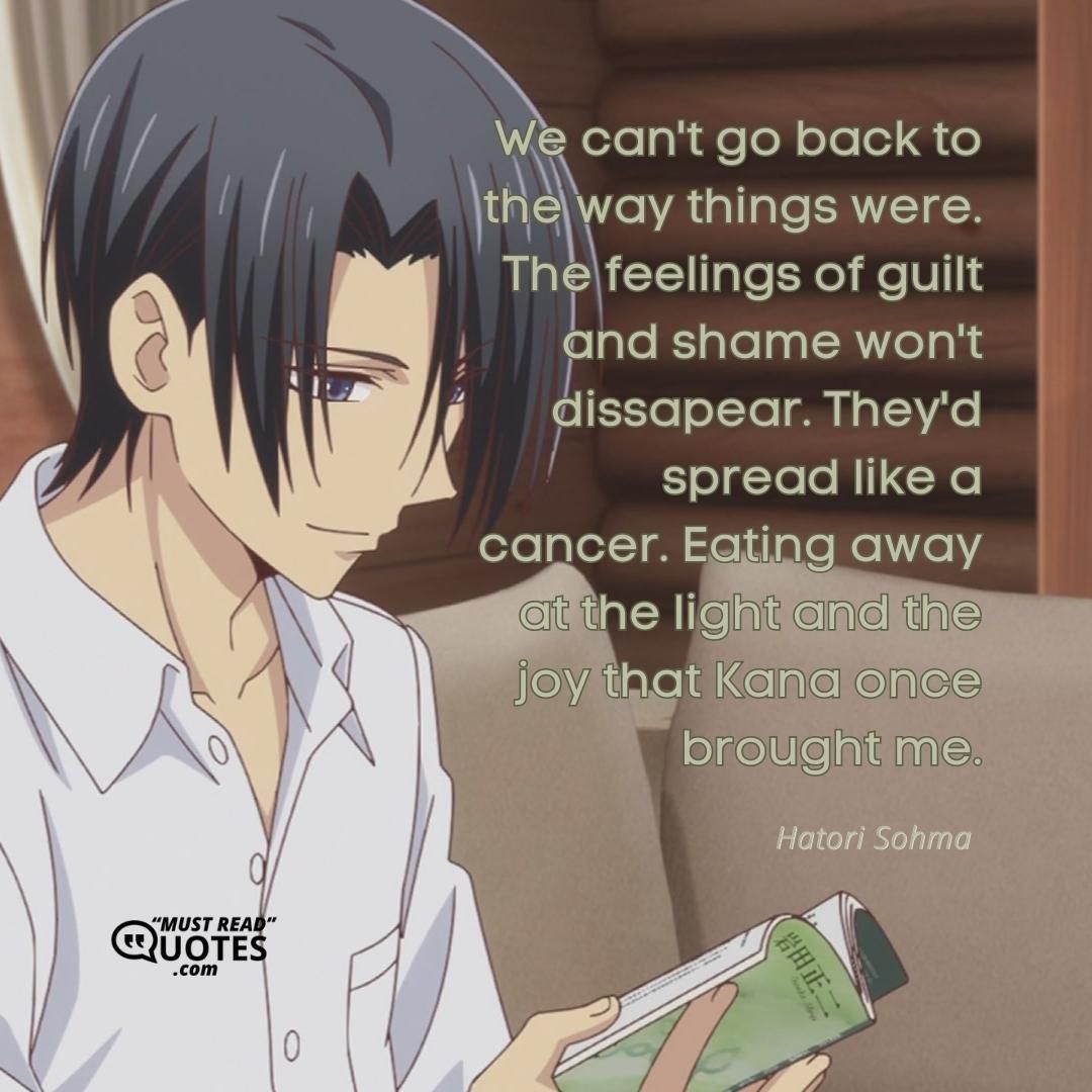 We can't go back to the way things were. The feelings of guilt and shame won't dissapear. They'd spread like a cancer. Eating away at the light and the joy that Kana once brought me.