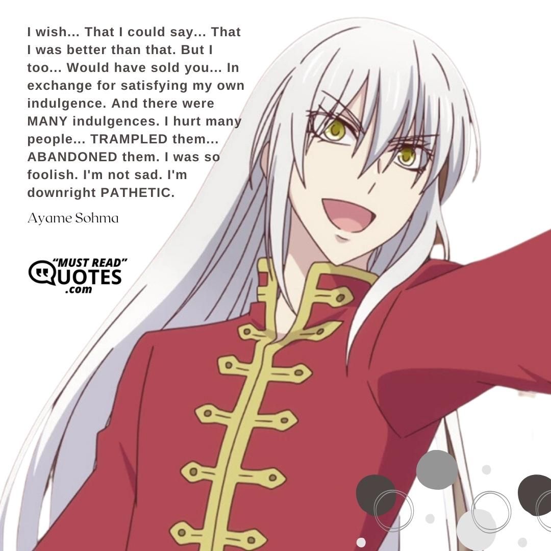 I wish... That I could say... That I was better than that. But I too... Would have sold you... In exchange for satisfying my own indulgence. And there were MANY indulgences. I hurt many people... TRAMPLED them... ABANDONED them. I was so foolish. I'm not sad. I'm downright PATHETIC.