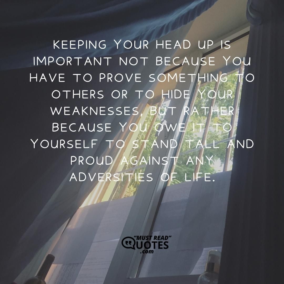 Keeping your head up is important not because you have to prove something to others or to hide your weaknesses, but rather because you owe it to yourself to stand tall and proud against any adversities of life.