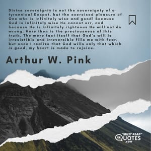 Divine sovereignty is not the sovereignty of a tyrannical Despot, but the exercised pleasure of One who is infinitely wise and good! Because God is infinitely wise He cannot err, and because He is infinitely righteous He will not do wrong. Here then is the preciousness of this truth. The mere fact itself that God’s will is irresistible and irreversible fills me with fear, but once I realize that God wills only that which is good, my heart is made to rejoice.