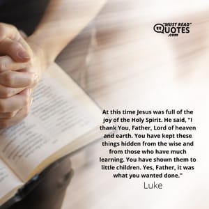 At this time Jesus was full of the joy of the Holy Spirit. He said, “I thank You, Father, Lord of heaven and earth. You have kept these things hidden from the wise and from those who have much learning. You have shown them to little children. Yes, Father, it was what you wanted done.”