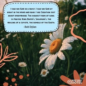 I can see God in a daisy. I can see God at night in the wind and rain. I see Creation just about everywhere. The highest form of song is prayer. King David's, Solomon's, the wailing of a coyote, the rumble of the Earth.