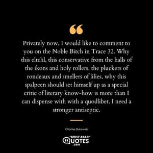 Privately now, I would like to comment to you on the Noble Bitch in Trace 32. Why this eltchl, this conservative from the halls of the ikons and holy rollers, the pluckers of rondeaux and smellers of lilies, why this spalpeen should set himself up as a special critic of literary know-how is more than I can dispense with with a quodlibet. I need a stronger antiseptic.