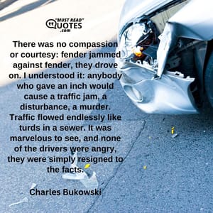 There was no compassion or courtesy: fender jammed against fender, they drove on. I understood it: anybody who gave an inch would cause a traffic jam, a disturbance, a murder. Traffic flowed endlessly like turds in a sewer. It was marvelous to see, and none of the drivers were angry, they were simply resigned to the facts.