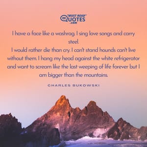 I have a face like a washrag. I sing love songs and carry steel. I would rather die than cry. I can't stand hounds can't live without them. I hang my head against the white refrigerator and want to scream like the last weeping of life forever but I am bigger than the mountains.