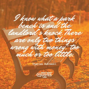 I know what a park bench is and the landlord's knock. There are only two things wrong with money: too much or too little.