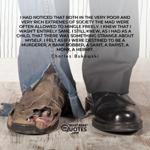 I had noticed that both in the very poor and very rich extremes of society the mad were often allowed to mingle freely. I knew that I wasn’t entirely sane. I still knew, as I had as a child, that there was something strange about myself. I felt as if I were destined to be a murderer, a bank robber, a saint, a rapist, a monk, a hermit.