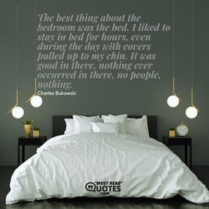 The best thing about the bedroom was the bed. I liked to stay in bed for hours, even during the day with covers pulled up to my chin. It was good in there, nothing ever occurred in there, no people, nothing.