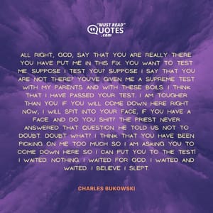 All right, God, say that You are really there. You have put me in this fix. You want to test me. Suppose I test You? Suppose I say that You are not there? You've given me a supreme test with my parents and with these boils. I think that I have passed Your test. I am tougher than You. If You will come down here right now, I will spit into Your face, if You have a face. And do You shit? The priest never answered that question. He told us not to doubt. Doubt what? I think that You have been picking on me too much so I am asking You to come down here so I can put You to the test! I waited. Nothing. I waited for God. I waited and waited. I believe I slept.