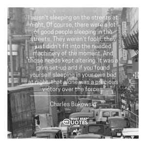 I wasn't sleeping on the streets at night. Of course, there were a lot of good people sleeping in the streets. They weren’t fools, they just didn’t fit into the needed machinery of the moment. And those needs kept altering. It was a grim set-up and if you found yourself sleeping in your own bed at night, that alone was a precious victory over the forces.