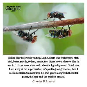 I killed four flies while waiting. Damn, death was everywhere. Man, bird, beast, reptile, rodent, insect, fish didn't have a chance. The fix was in. I didn't know what to do about it. I got depressed. You know, I see a boy at the supermarket, he's packing my groceries, then I see him sticking himself into his own grave along with the toilet paper, the beer and the chicken breasts.