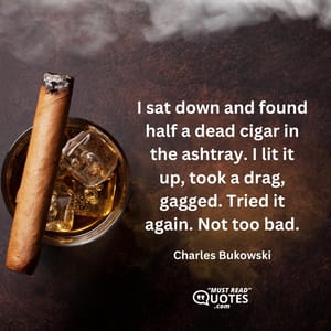 I sat down and found half a dead cigar in the ashtray. I lit it up, took a drag, gagged. Tried it again. Not too bad.