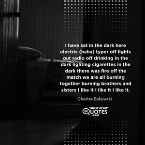 I have sat in the dark here electric (haha) typer off lights out radio off drinking in the dark lighting cigarettes in the dark there was fire off the match we are all burning together burning brothers and sisters I like it I like it I like it.