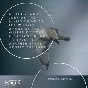 As the junkies junk as the alkies drink as the whores whore as the killers kill the albatross blinks its eyes the weather stays mostly the same.
