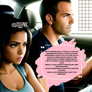 Shawn Boswell: The day I got my license is the day I got my first speeding ticket. Day after that I won my first race, I beat this rich kid by three lengths. I've gotta admit, it felt good! It felt like... Neela: Like everything else just disappears... Shawn Boswell: No past and no future... Neela: No problems. Just the moment...