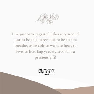 I am just so very grateful this very second. Just to be able to see, just to be able to breathe, to be able to walk, to hear, to love, to live. Enjoy; every second is a precious gift!