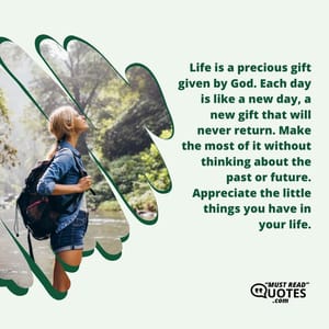 Life is a precious gift given by God. Each day is like a new day, a new gift that will never return. Make the most of it without thinking about the past or future. Appreciate the little things you have in your life.