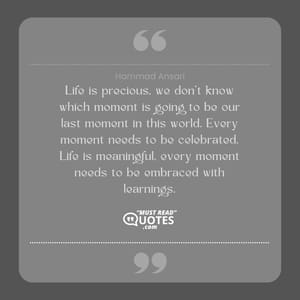 Life is precious, we don't know which moment is going to be our last moment in this world. Every moment needs to be celebrated. Life is meaningful, every moment needs to be embraced with learnings.