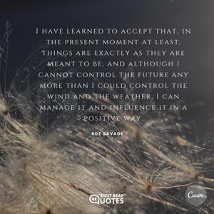I have learned to accept that, in the present moment at least, things are exactly as they are meant to be, and although I cannot control the future any more than I could control the wind and the weather, I can manage it and influence it in a positive way.