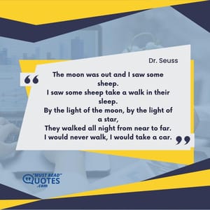 The moon was out and I saw some sheep. I saw some sheep take a walk in their sleep. By the light of the moon, by the light of a star, They walked all night from near to far. I would never walk, I would take a car.
