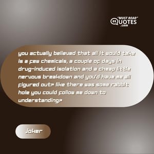 You actually believed that all it would take is a few chemicals, a couple of days in drug-induced isolation and a cheap little nervous breakdown and you'd have me all figured out? Like there was some rabbit hole you could follow me down to understanding?