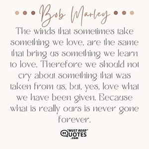 The winds that sometimes take something we love, are the same that bring us something we learn to love. Therefore we should not cry about something that was taken from us, but, yes, love what we have been given. Because what is really ours is never gone forever.