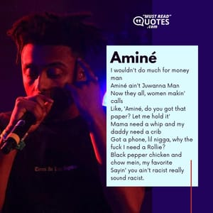 I wouldn't do much for money man Aminé ain't Juwanna Man Now they all, women makin' calls Like, 'Aminé, do you got that paper? Let me hold it' Mama need a whip and my daddy need a crib Got a phone, lil nigga, why the fuck I need a Rollie? Black pepper chicken and chow mein, my favorite Sayin' you ain't racist really sound racist.