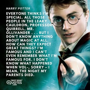 Everyone thinks I'm special. All those people in the Leaky Cauldron, Professor Quirrell, Mr. Ollivander . . . but I don't know anything about magic at all. How can they expect great things? I'm famous and I can't even remember what I'm famous for. I don't know what happened when Vol-, sorry – I mean, the night my parents died.
