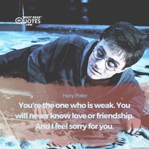 You're the one who is weak. You will never know love or friendship. And I feel sorry for you.