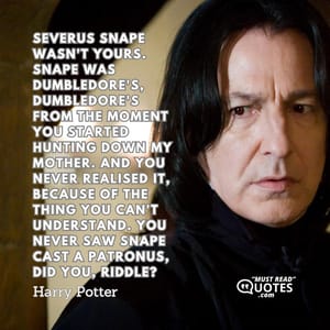 Severus Snape wasn't yours. Snape was Dumbledore's, Dumbledore's from the moment you started hunting down my mother. And you never realised it, because of the thing you can't understand. You never saw Snape cast a Patronus, did you, Riddle?