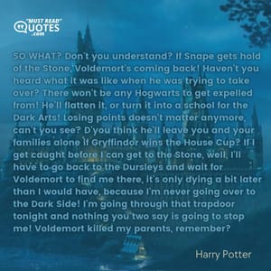 SO WHAT? Don't you understand? If Snape gets hold of the Stone, Voldemort's coming back! Haven't you heard what it was like when he was trying to take over? There won't be any Hogwarts to get expelled from! He'll flatten it, or turn it into a school for the Dark Arts! Losing points doesn't matter anymore, can't you see? D'you think he'll leave you and your families alone if Gryffindor wins the House Cup? If I get caught before I can get to the Stone, well, I'll have to go back to the Dursleys and wait for Voldemort to find me there, it's only dying a bit later than I would have, because I'm never going over to the Dark Side! I'm going through that trapdoor tonight and nothing you two say is going to stop me! Voldemort killed my parents, remember?