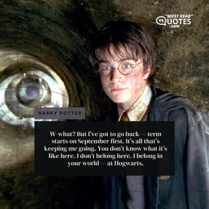 W-what? But I’ve got to go back — term starts on September first. It’s all that’s keeping me going. You don’t know what it’s like here. I don’t belong here. I belong in your world — at Hogwarts.