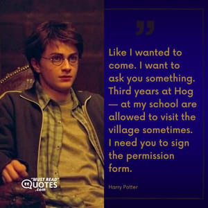 Like I wanted to come. I want to ask you something. Third years at Hog — at my school are allowed to visit the village sometimes. I need you to sign the permission form.