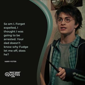 So am I. Forget expelled, I thought I was going to be arrested. Your dad doesn’t know why Fudge let me off, does he?
