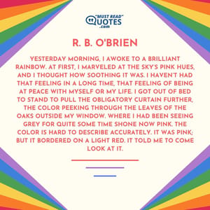 Yesterday morning, I awoke to a brilliant rainbow. At first, I marveled at the sky’s pink hues, and I thought how soothing it was. I haven’t had that feeling in a long time, that feeling of being at peace with myself or my life. I got out of bed to stand to pull the obligatory curtain further, the color peeking through the leaves of the oaks outside my window. Where I had been seeing grey for quite some time shone now pink. The color is hard to describe accurately. It was pink; but it bordered on a light red. It told me to come look at it.