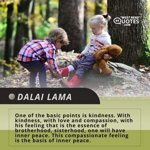 One of the basic points is kindness. With kindness, with love and compassion, with his feeling that is the essence of brotherhood, sisterhood, one will have inner peace. This compassionate feeling is the basis of inner peace.