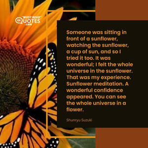 Someone was sitting in front of a sunflower, watching the sunflower, a cup of sun, and so I tried it too. It was wonderful; I felt the whole universe in the sunflower. That was my experience. Sunflower meditation. A wonderful confidence appeared. You can see the whole universe in a flower.