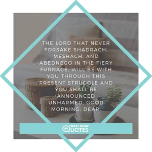 The Lord that never forsake Shadrach, Meshach, and Abednego in the fiery furnace, will be with you through this present struggle and you shall be announced unharmed. Good morning, dear.