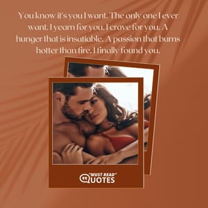 You know it's you I want. The only one I ever want. I yearn for you. I crave for you. A hunger that is insatiable. A passion that burns hotter than fire. I finally found you.