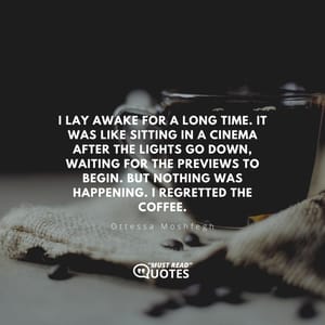 I lay awake for a long time. It was like sitting in a cinema after the lights go down, waiting for the previews to begin. But nothing was happening. I regretted the coffee.